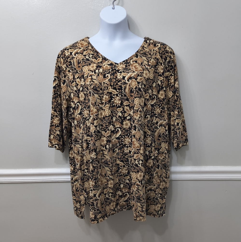 Catherines Floral V-Neck Women's Tunic Top Brown Sz 3X Career Office Workwear